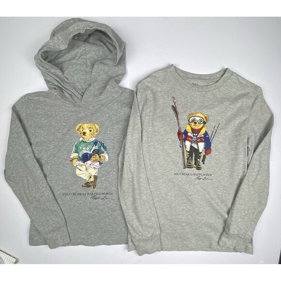Ralph Lauren Polo BUNDLE 2 Shirts Boys Medium 10/12 Gray Long Sleeve Polo Bears - Picture 1 of 12